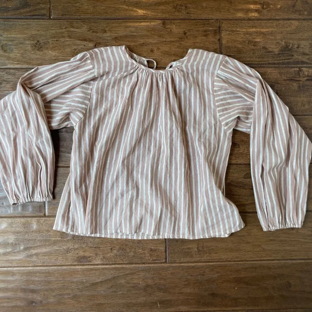 Trovata Birds of Paradise Womens Small Beige Stripe Balloon Sleeve Peasant Top